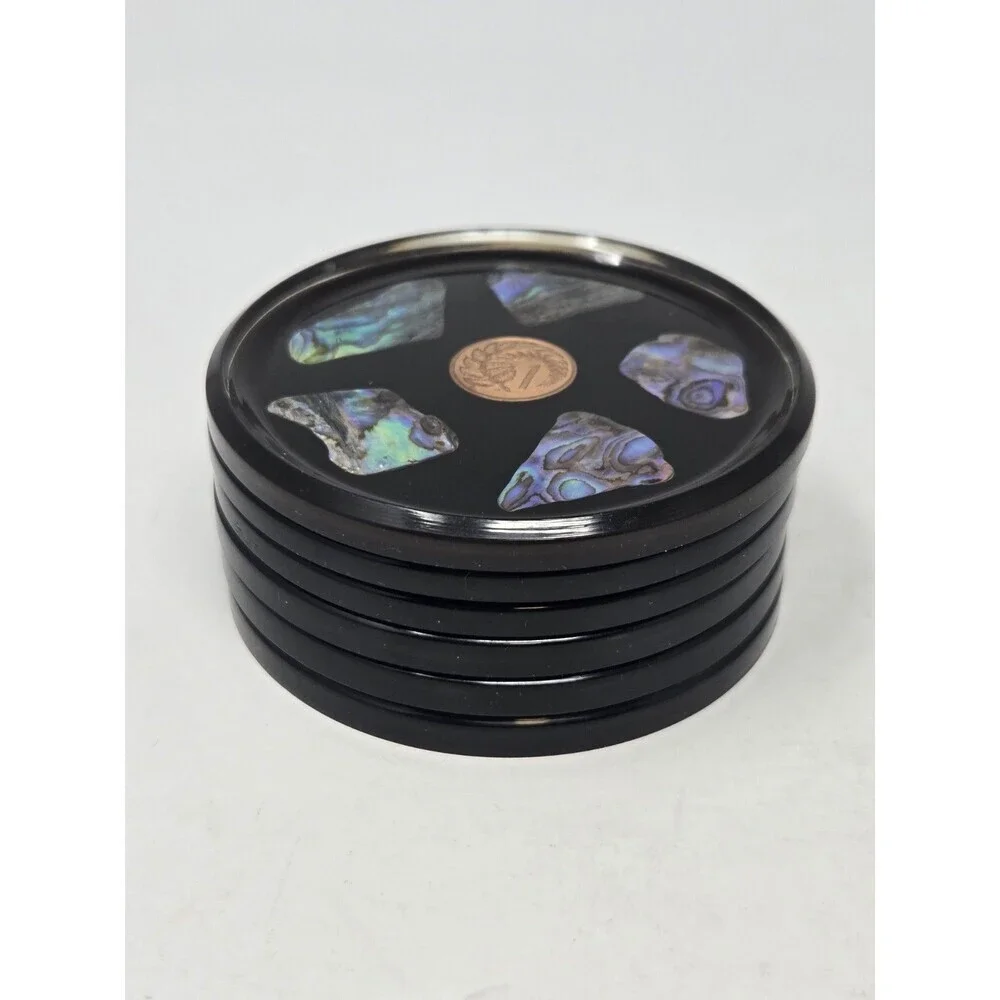 VINTAGE DRINK COASTER SET OF 6 NEW ZEALAND PAUA SHELL & COINS MONEY COLLECTIBLE